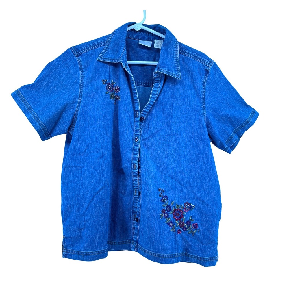 Erika Womens Embroidered Denim Shirt Medium Wash Short Sleeve Button Down Large
